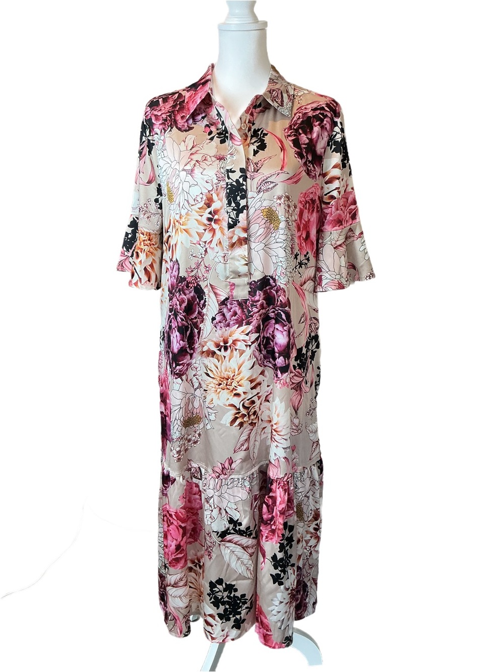 Chico's Pink Beige Silky Floral Midi Dress Pockets Tiered Ruffles Elbow Sleeves